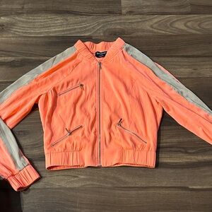 bebe Neon Coral Bomber Jacket with Cream Shoulder Stripes